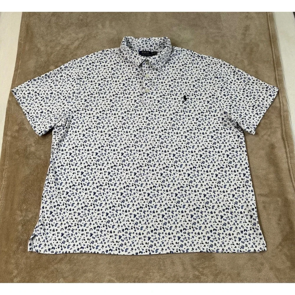 Polo Ralph Lauren Polo Shirt Men's 2XB White Blue Floral Cotton Short sleeve EUC